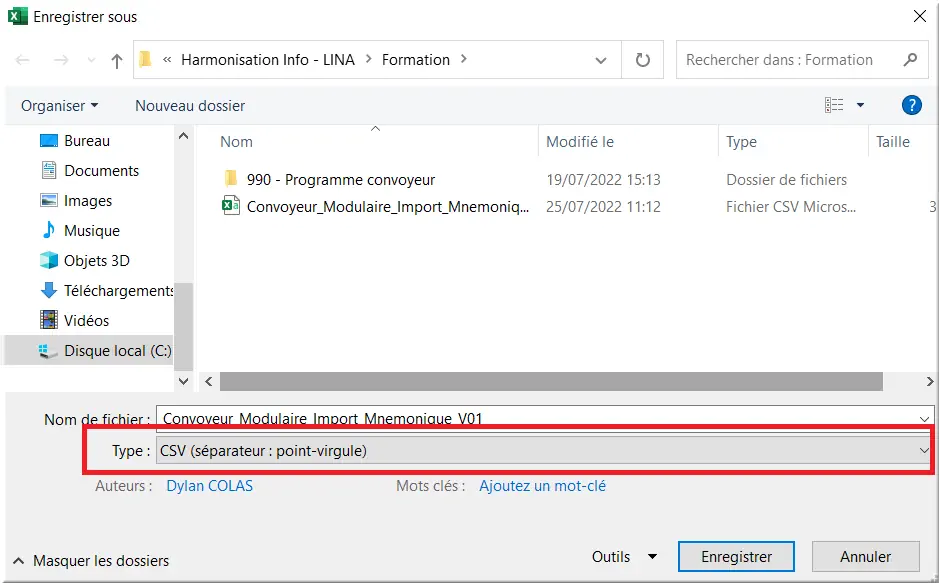 Enregistrement au format CSV